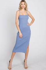 Periwinkle Ribbed Square Neck Side Slit Midi Dress