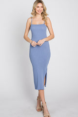 Periwinkle Ribbed Square Neck Side Slit Midi Dress