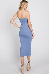 Periwinkle Ribbed Square Neck Side Slit Midi Dress