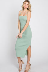 Mint Green Ribbed Square Neck Side Slit Midi Dress