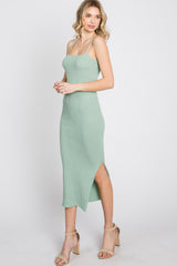 Mint Green Ribbed Square Neck Side Slit Midi Dress