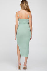 Mint Green Ribbed Square Neck Side Slit Maternity Midi Dress