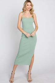 Mint Green Ribbed Square Neck Side Slit Midi Dress