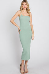 Mint Green Ribbed Square Neck Side Slit Midi Dress