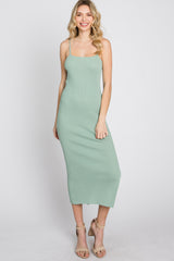 Mint Green Ribbed Square Neck Side Slit Midi Dress