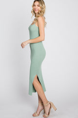 Mint Green Ribbed Square Neck Side Slit Midi Dress