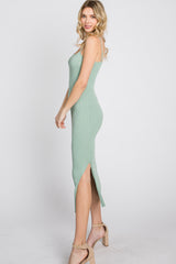 Mint Green Ribbed Square Neck Side Slit Midi Dress