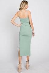 Mint Green Ribbed Square Neck Side Slit Midi Dress