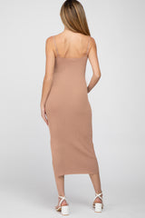 Mocha Ribbed Square Neck Side Slit Maternity Midi Dress