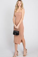 Mocha Ribbed Square Neck Side Slit Maternity Midi Dress