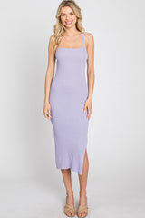 Lavender Ribbed Square Neck Side Slit Midi Dress