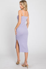 Lavender Ribbed Square Neck Side Slit Midi Dress