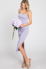 Lavender Ribbed Square Neck Side Slit Midi Dress