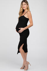 Black Ribbed Square Neck Side Slit Maternity Midi Dress