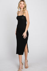 Black Ribbed Square Neck Side Slit Maternity Midi Dress