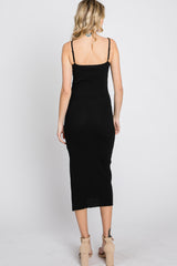 Black Ribbed Square Neck Side Slit Midi Dress