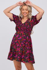 Black Floral Smocked Ruffle Hem Maternity Dress