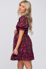 Black Floral Smocked Ruffle Hem Maternity Dress