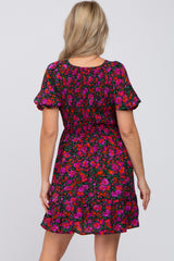 Black Floral Smocked Ruffle Hem Maternity Dress