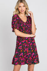 Black Floral Smocked Ruffle Hem Maternity Dress