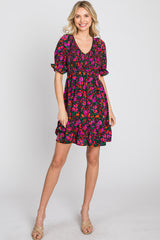 Black Floral Smocked Ruffle Hem Dress