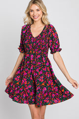 Black Floral Smocked Ruffle Hem Dress