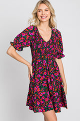 Black Floral Smocked Ruffle Hem Dress