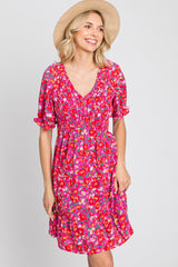 Fuchsia Floral Smocked Ruffle Hem Dress