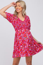 Fuchsia Floral Smocked Ruffle Hem Maternity Dress