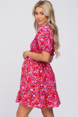 Fuchsia Floral Smocked Ruffle Hem Maternity Dress