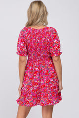 Fuchsia Floral Smocked Ruffle Hem Maternity Dress