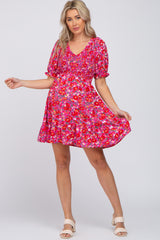 Fuchsia Floral Smocked Ruffle Hem Maternity Dress