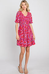 Fuchsia Floral Smocked Ruffle Hem Dress