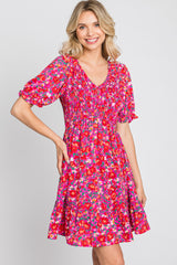 Fuchsia Floral Smocked Ruffle Hem Dress