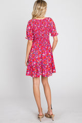 Fuchsia Floral Smocked Ruffle Hem Dress