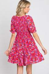 Fuchsia Floral Smocked Ruffle Hem Dress