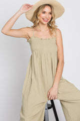 Light Olive Gauze Smocked Tie Strap Jumpsuit