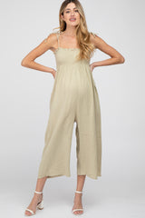 Light Olive Gauze Smocked Tie Strap Maternity Jumpsuit