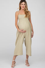 Light Olive Gauze Smocked Tie Strap Maternity Jumpsuit