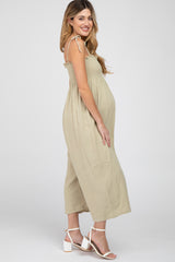 Light Olive Gauze Smocked Tie Strap Maternity Jumpsuit