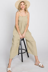 Light Olive Gauze Smocked Tie Strap Maternity Jumpsuit