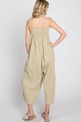 Light Olive Gauze Smocked Tie Strap Jumpsuit