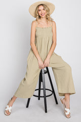 Light Olive Gauze Smocked Tie Strap Jumpsuit