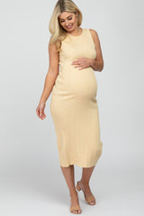 Yellow Ribbed Sleeveless Back Cutout Maternity Midi Dress