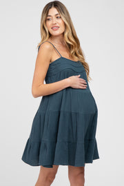 Dark Teal Gauze Tiered Maternity Dress