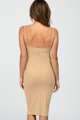 Beige Ribbed Fitted Dress