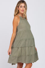 Olive Textured Halter Ruffle Tiered Maternity Dress