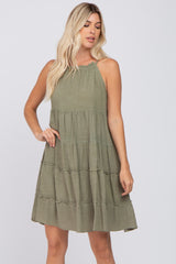 Olive Textured Halter Ruffle Tiered Dress