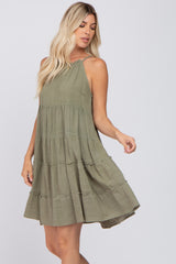 Olive Textured Halter Ruffle Tiered Dress