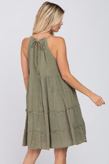 Olive Textured Halter Ruffle Tiered Dress